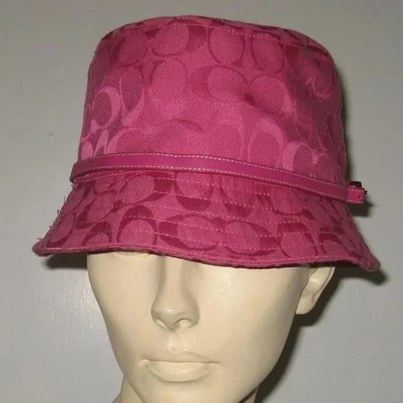 ❤️COACH PINK LOGO / LEATHER BUCKLE STRAP BUCKET CRUSHER HAT P/S - Picture 2 of 7